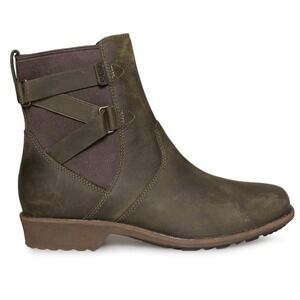 Teva Ellery Waterproof Ankle Boot 6.5 Olive Green Leather Side Zip Buckle Fall